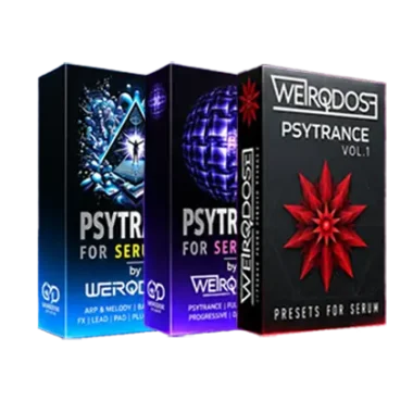 WeirDDose Psytrance Preset Bundle Volumes 1 to 3 Product Boxes for Xfer Serum